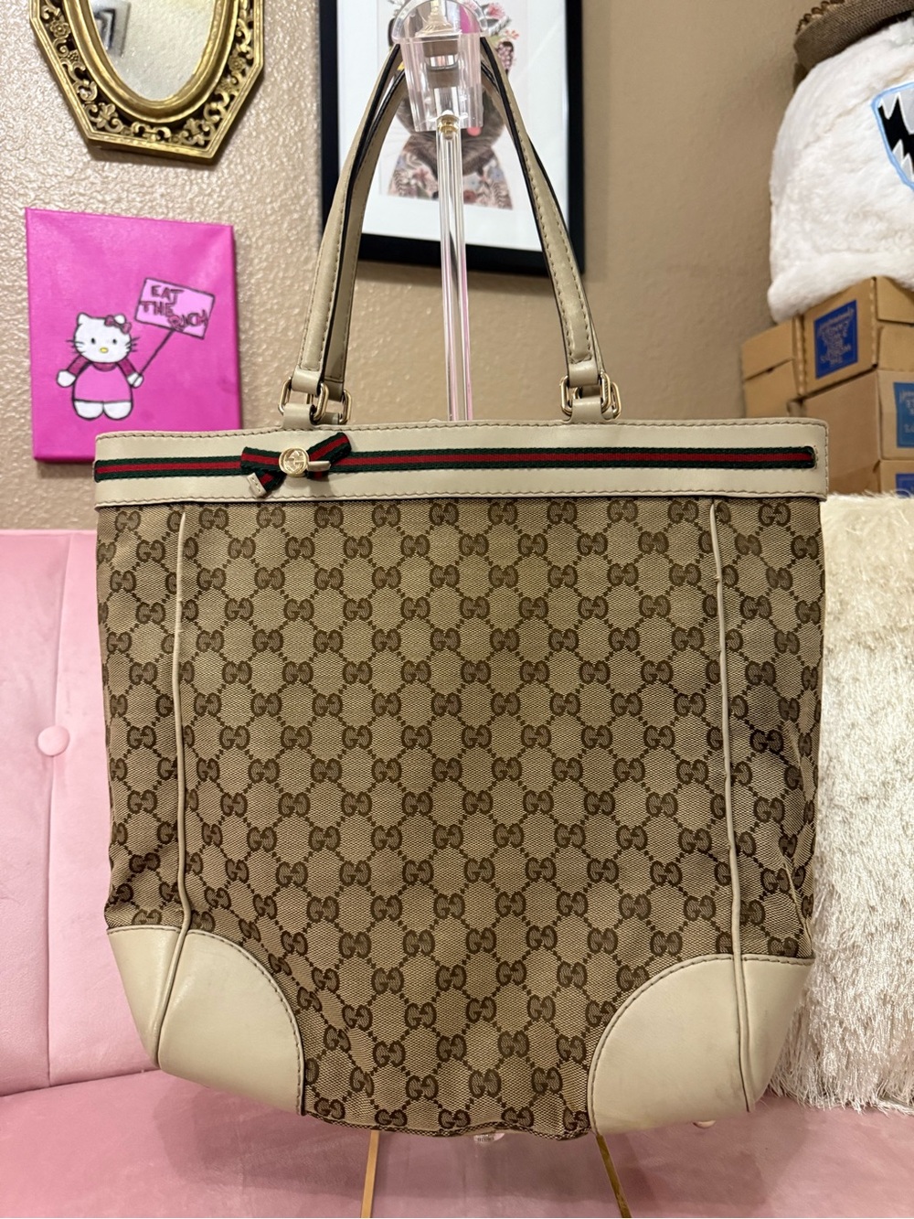 💯Auth! GUCCI GG Princy Tote Monogram Canvas Cream Leather Web Sherry Stripe Trim